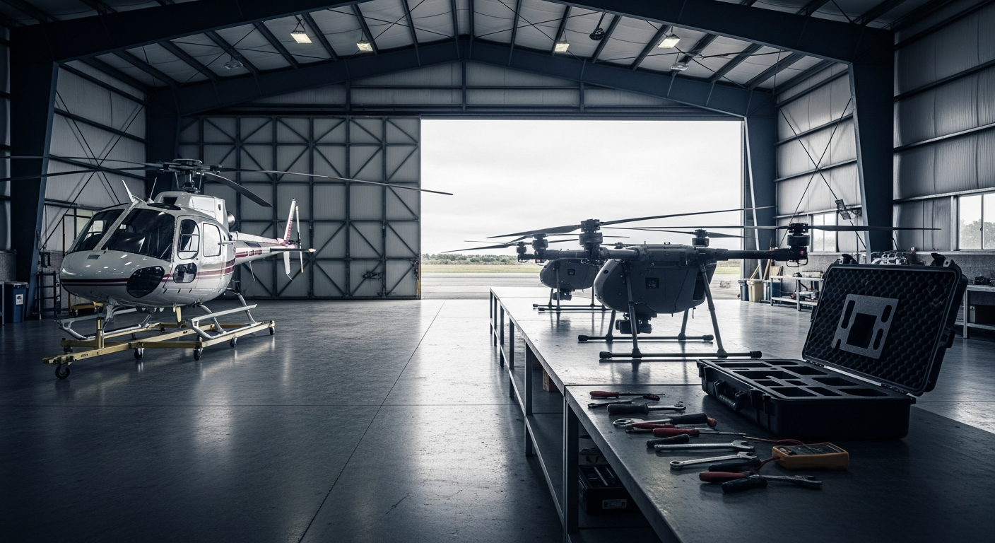Wide aerial view symbolising the bridge between crewed aviation heritage and uncrewed industrial operations