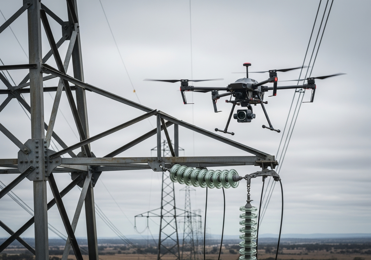 Uncrewed aircraft conducting a high-voltage transmission line inspection