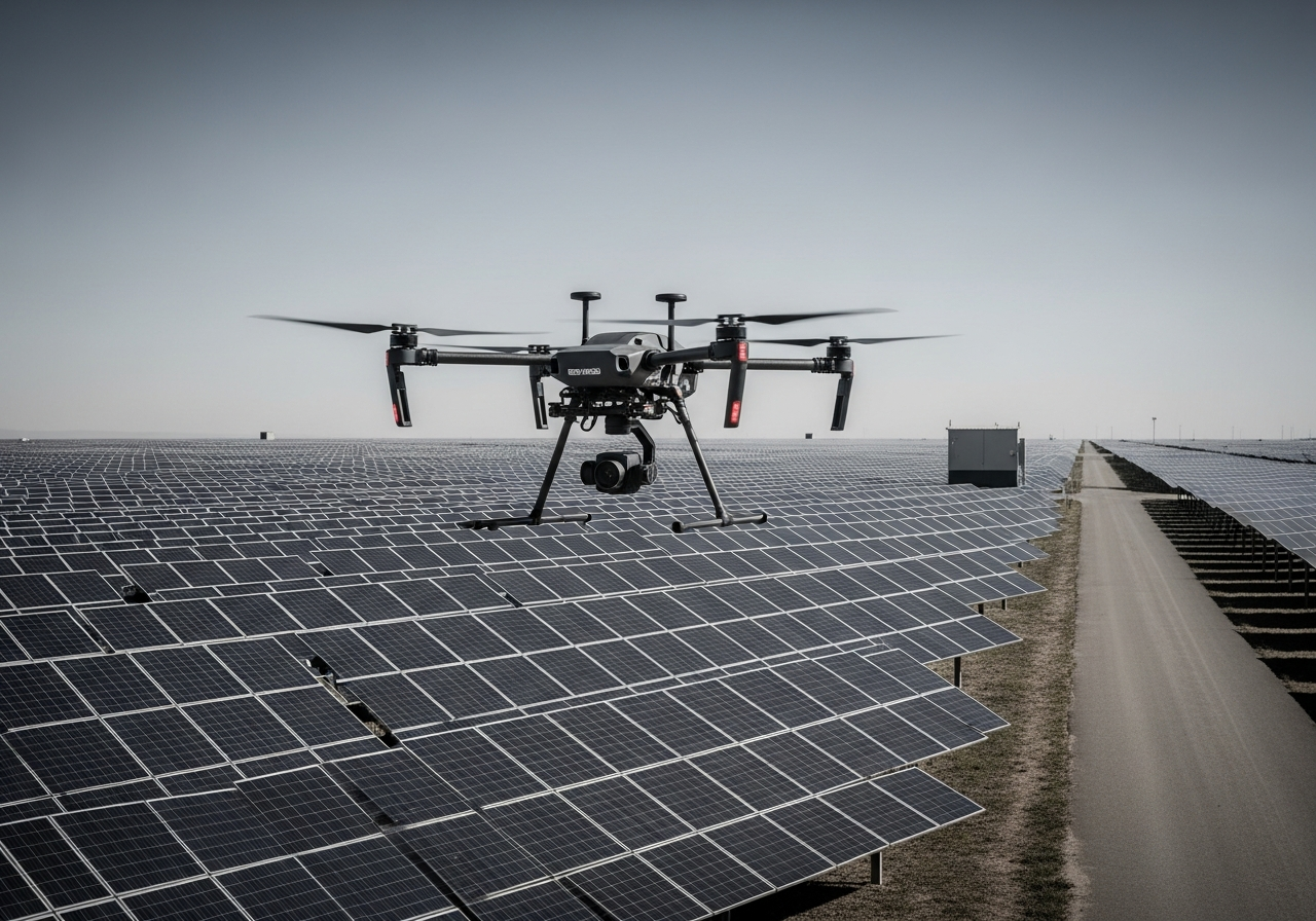 Aerial view of a utility-scale solar farm during a data capture flight