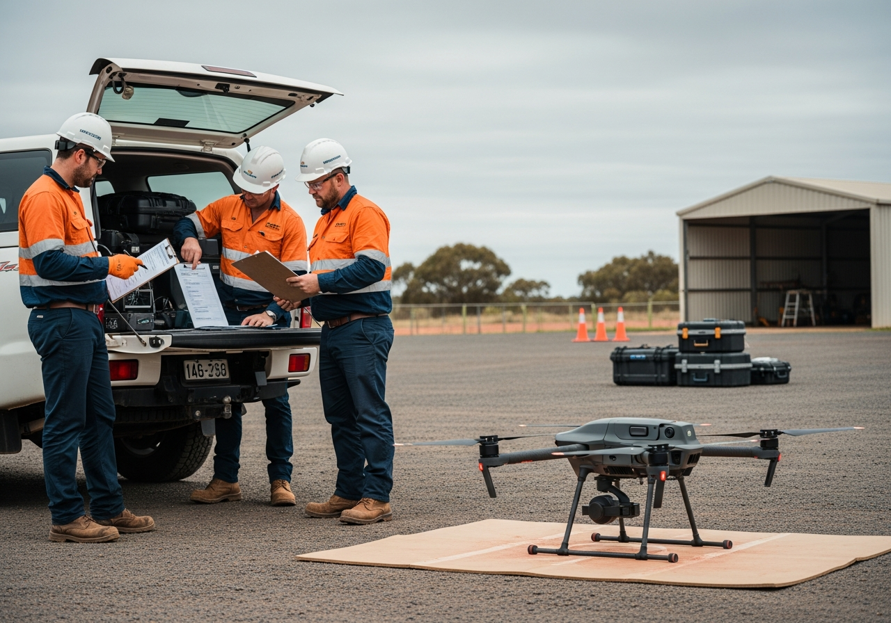 Drone pilots in a training room reviewing compliance procedures