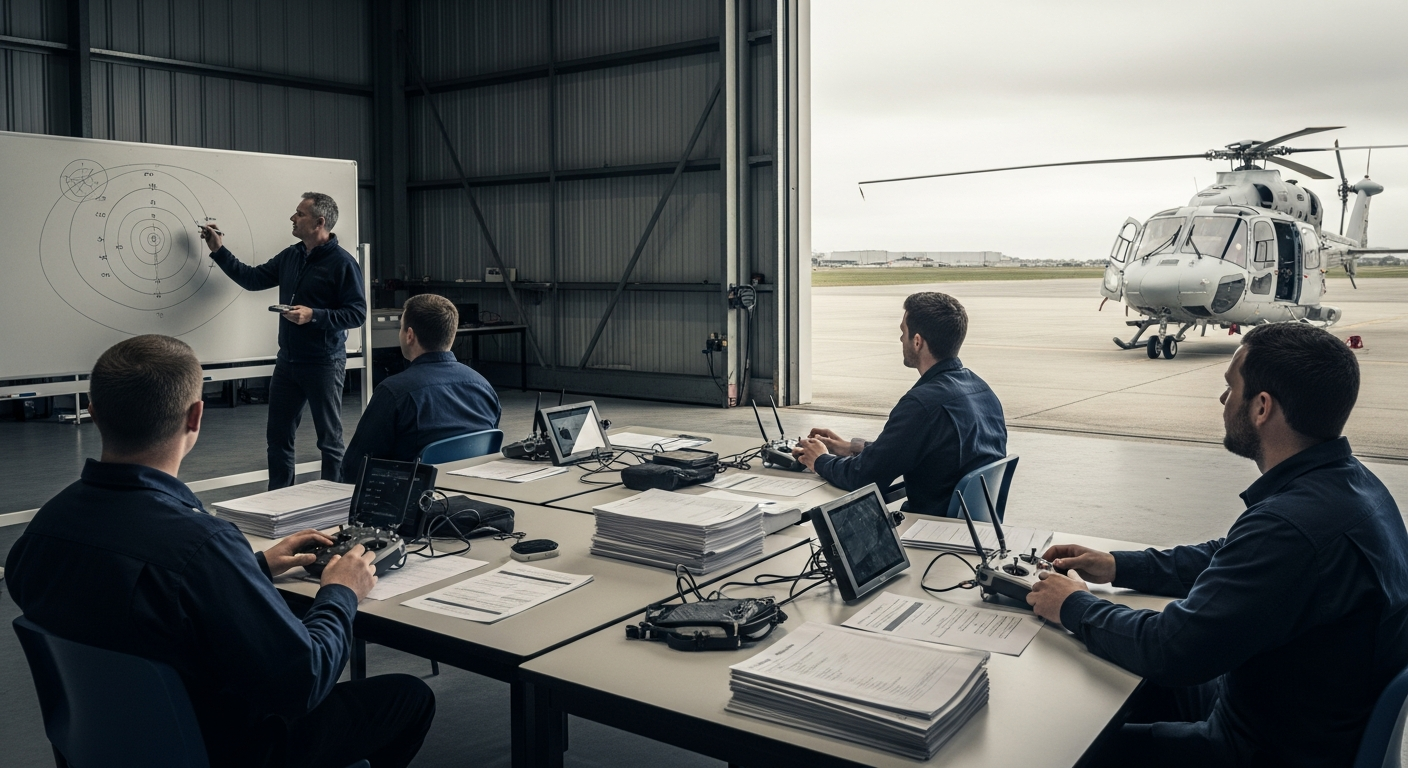 Drone pilots seated in a training room reviewing compliance procedures