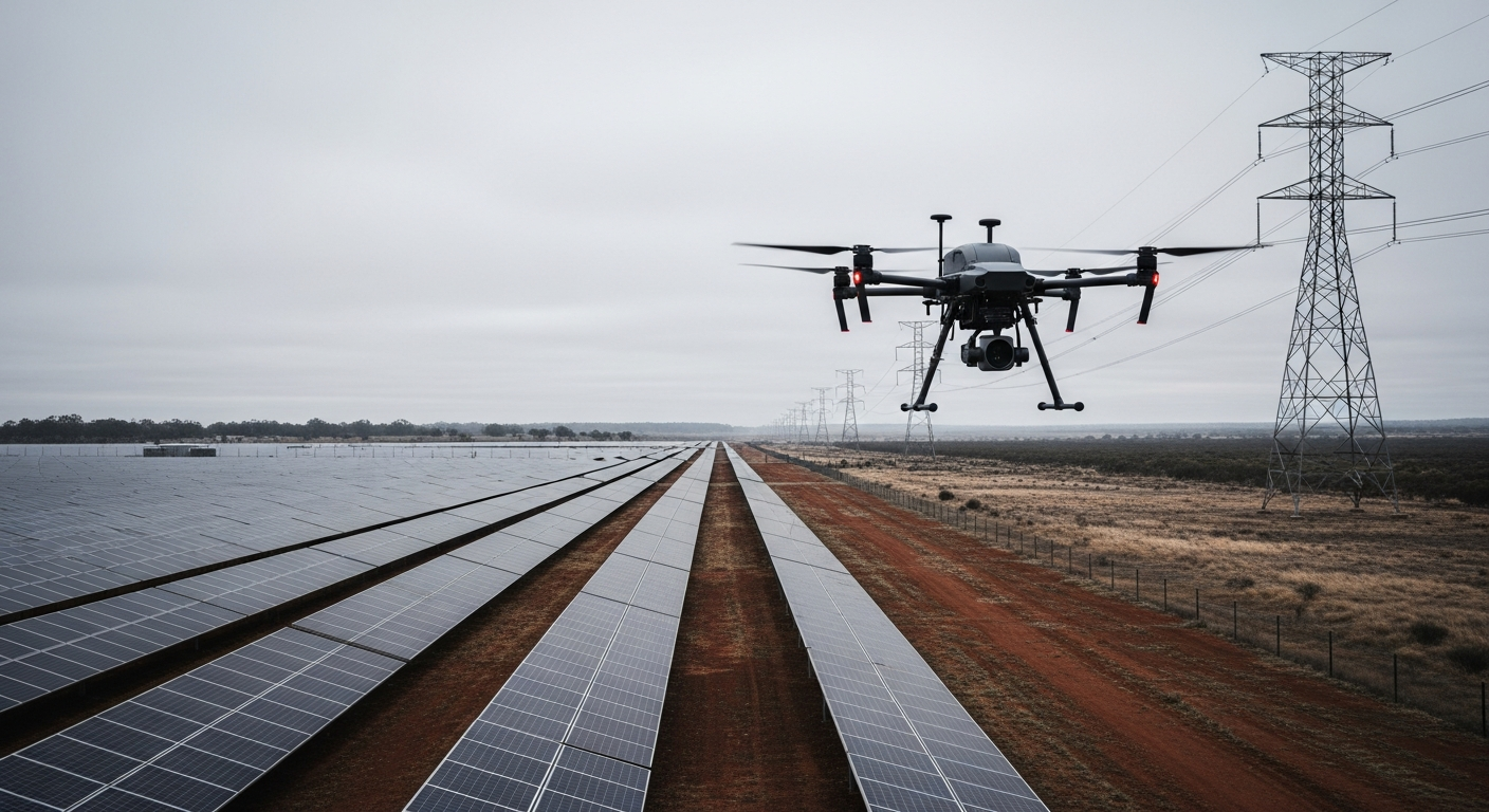 Uncrewed aircraft conducting an industrial inspection at height above transmission infrastructure