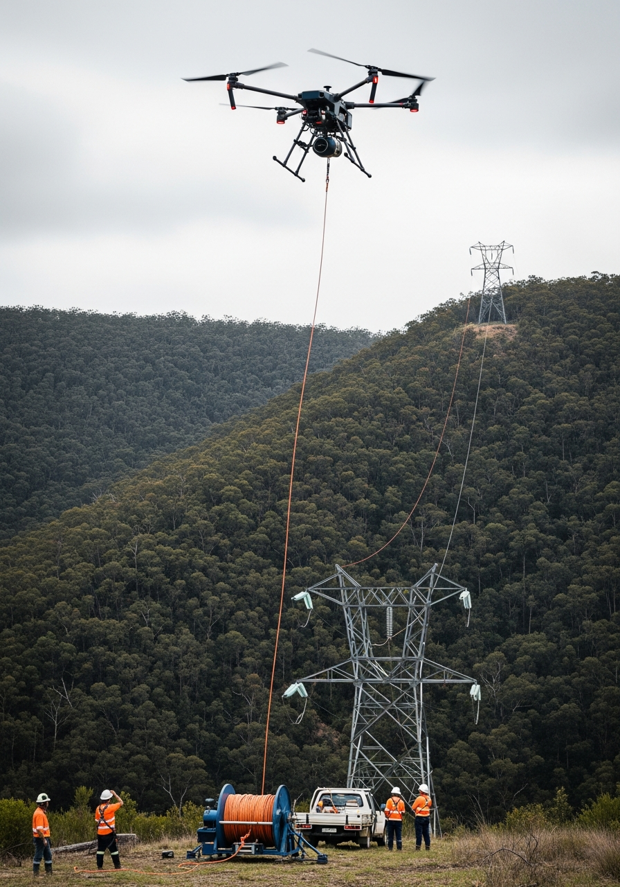 Ground crew and uncrewed aircraft executing a high-voltage drone stringing operation