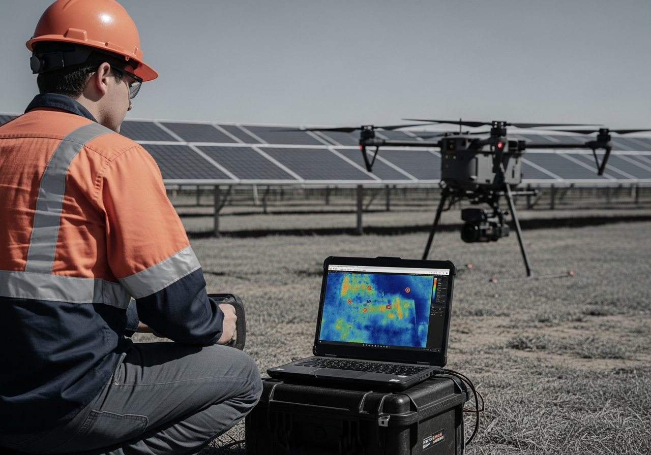 Analysts reviewing aerial survey data and anomaly detection results on screen
