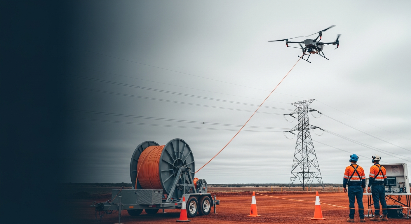 Ground crew coordinating a high-voltage drone stringing operation beneath transmission towers
