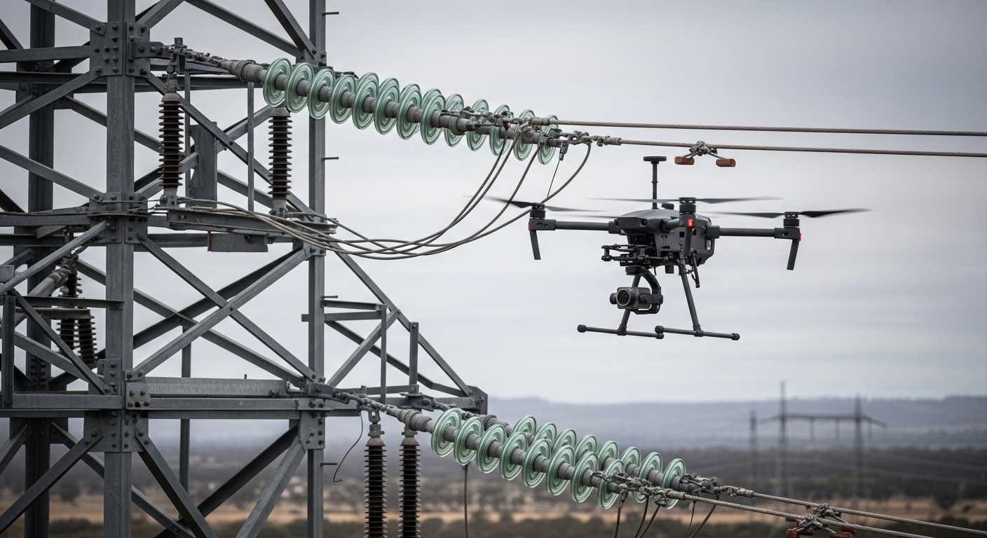 Telephoto detail of an uncrewed aircraft inspecting a transmission tower connector