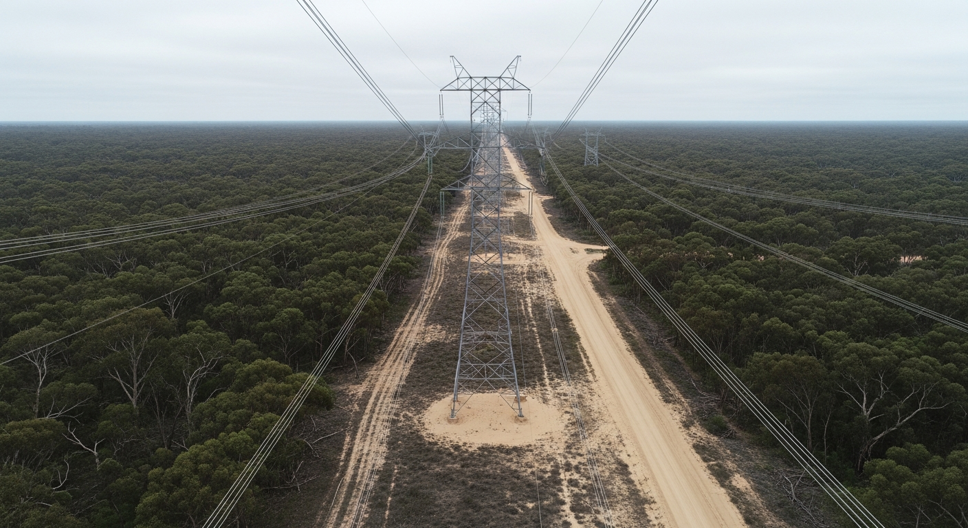 Aerial view of a vegetation management corridor beneath a transmission line