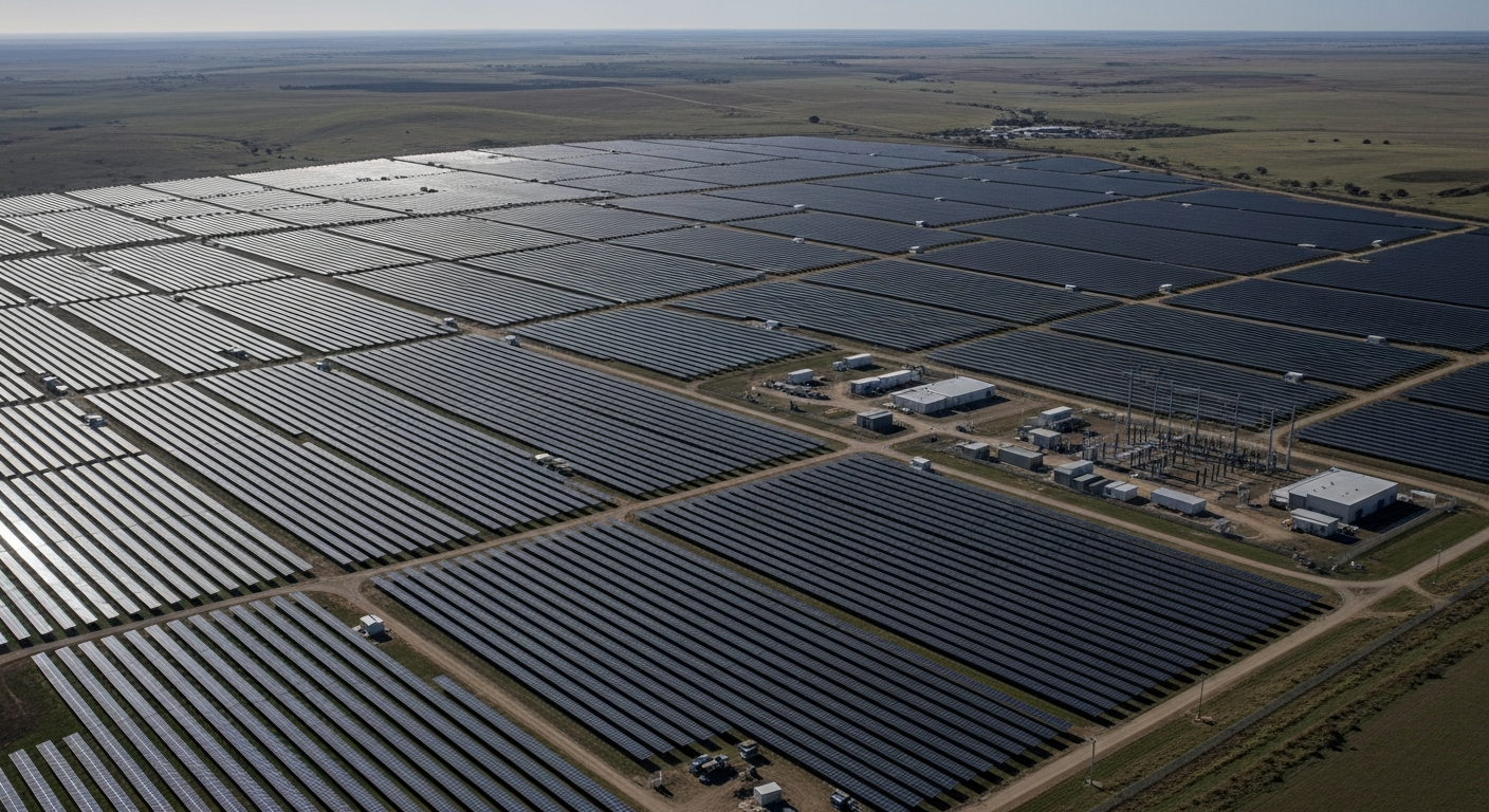 Aerial view of a utility-scale solar farm during a full-site data capture flight