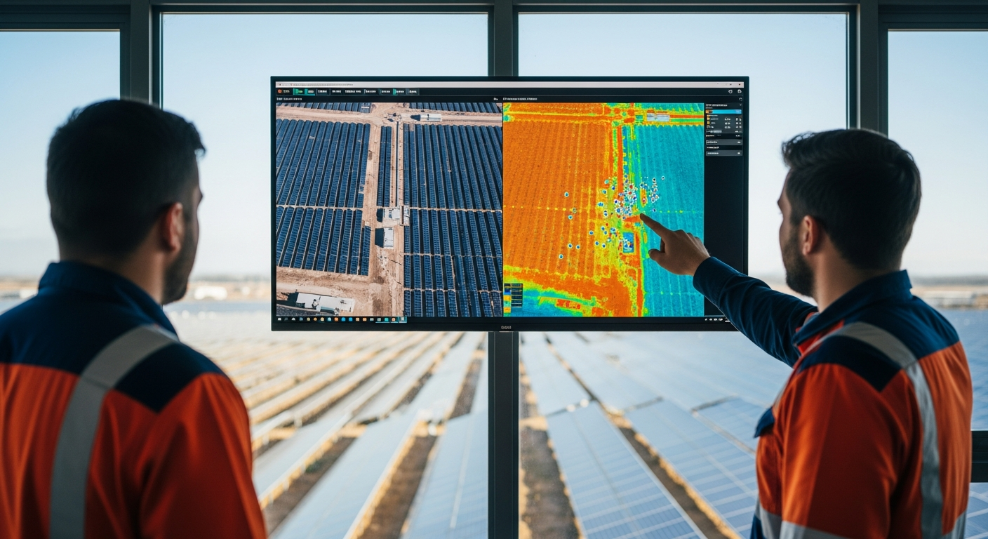 Analyst reviewing solar panel anomaly detection results on a monitor
