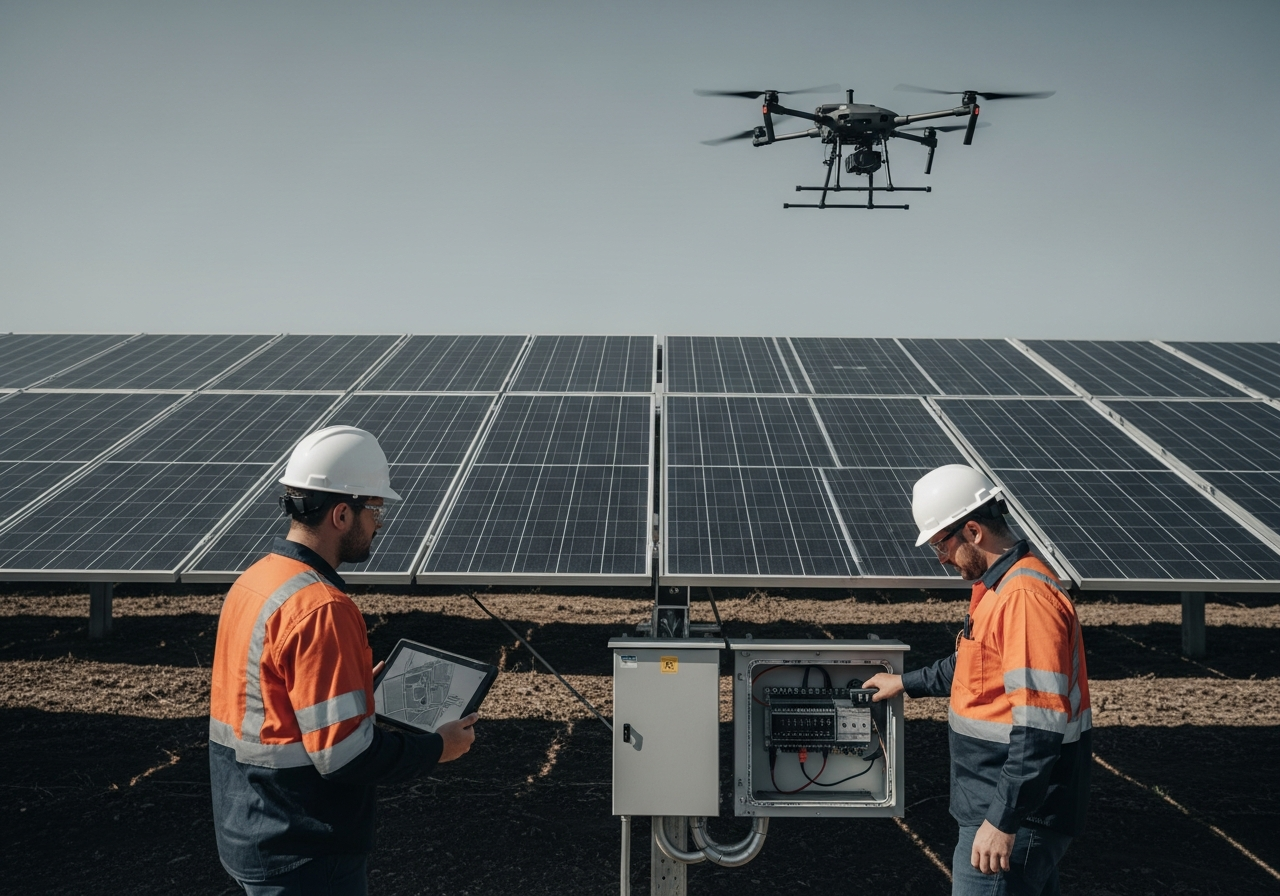 Field team conducting a commissioning walkdown at a solar site