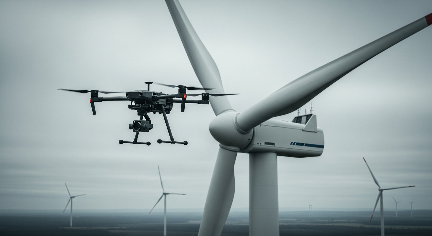 Close-range aerial view of a wind turbine blade during an erosion and damage inspection flight